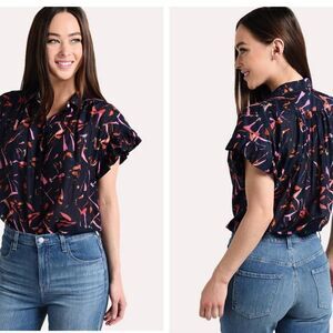Trovata Top Womens Sz S Marianne blouse Button up Floral Ruffle Sleeve shirt